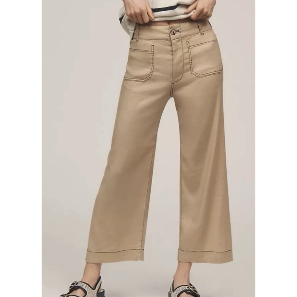 NWT Anthropologie Maeve Colette Cropped Wide-Leg Pants Women's 31 Khaki Stretch
